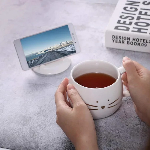 Miniatura 3 de Koolkatkoo Taza de café única con tapa para los amantes de los gatos, lindas tazas de té de cerámica con soporte para teléfono celular, taza