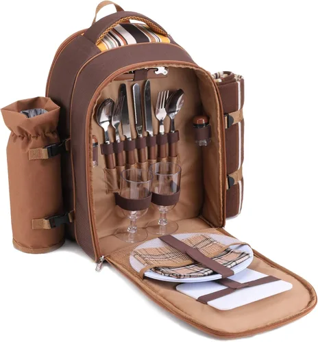 Miniatura 2 de apollo walker Mochila de picnic para 2 personas con compartimento refrigerador, soporte desmontable para botellas/vino, manta de forro polar, platos
