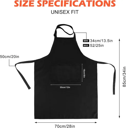 Miniatura 2 de Delantal con pechera, delantales negros unisex, ajustables, lavables, con 2 bolsillos para cocina, manualidades, barbacoa, dibujo