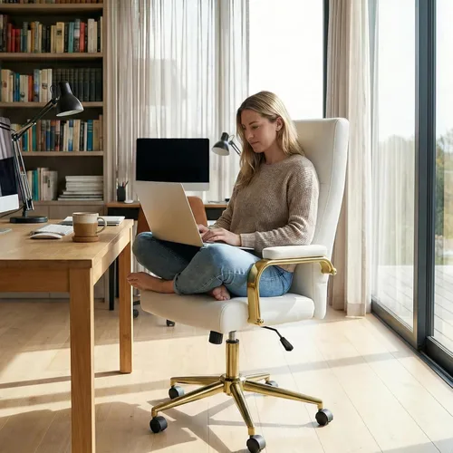 Miniatura 5 de GXJ Silla de oficina blanca y dorada de espuma viscoelástica, sillas de escritorio de cuero blanco con ruedas y brazos, silla de oficina ejecutiva