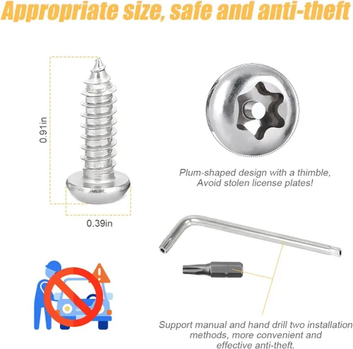 Miniatura 2 de Kit de tornillos para matrícula, cubiertas antirrobo de tornillos para matrícula, tapas de acero inoxidable, tornillos de fijación, tuercas