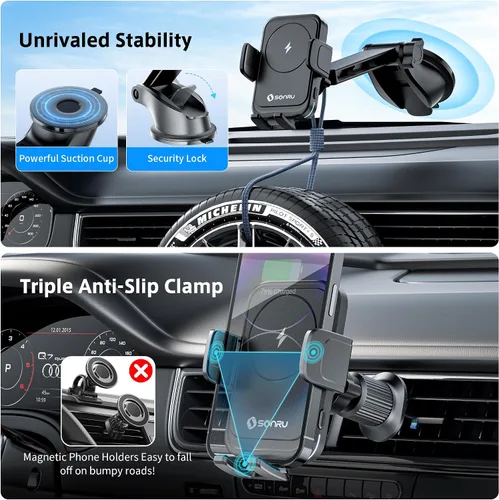 Miniatura 4 de SONRU Cargador inalámbrico Qi de 15 W, cargador inalámbrico de coche de carga rápida, sujeción automática, soporte de succión para salpicadero