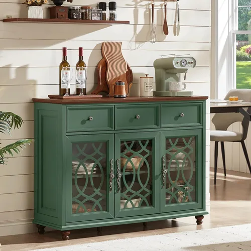 Miniatura 35 de Joaxswe Aparador de estilo rústico con almacenamiento, credenza grande de 59 pulgadas con 4 puertas de vidrio y 2 cajones, estantes ajustables, mesa