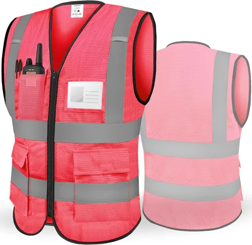 TICONN Chaleco de seguridad reflectante de alta visibilidad Clase II de malla para mujeres y hombres Cumple con los estándares ANSI Rosa
