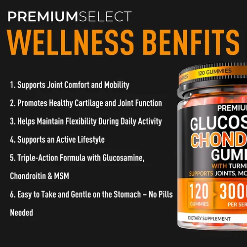 Miniatura 4 de Gomitas de condroitina de glucosamina para apoyo articular – 120 gomitas de glucosamina extra fuertes 3000 mg con MSM, cúrcuma, calcio, vitamina D3