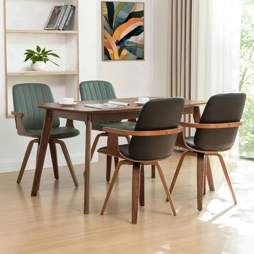 Miniatura 3 de Juego de 2 sillas de comedor giratorias, modernas de mediados de siglo con artesanía de nogal, piel sintética tapizada, brazos y patas de madera