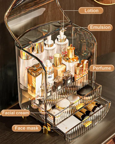 Miniatura 4 de Organizador de maquillaje, organizador de maquillaje de cosméticos de gran capacidad para tocador, a prueba de polvo, impermeable, vitrina