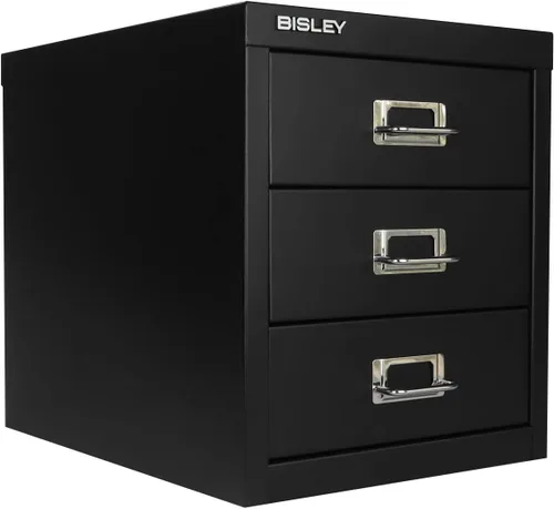 Bisley - Gabinete de acero con 3 cajones (MultiDrawer) - Negro, tiradores cromados con portaetiquetas, acero recubierto en polvo, cajones
