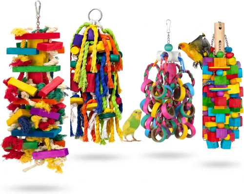 Miniatura 9 de Seenelling 3 piezas de juguete extra grande de loro de madera natural multicolor jaula de loro masticar juguetes para guacamayos grandes medianos