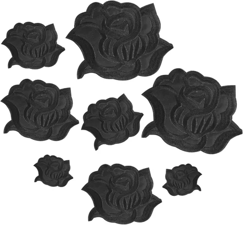 8 parches de flores de rosas negras para planchar para diseños de ropa, parches de reparación de tela, 4 tamaños bordados, parches de flores,