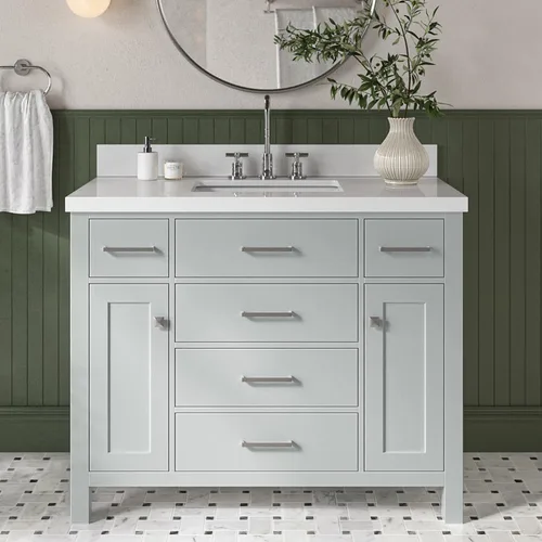 Miniatura 13 de DKB Isabella - Mueble de baño negro de 42 pulgadas con fregadero, lavabo rectangular, encimera de cuarzo blanco puro y protector contra salpicaduras
