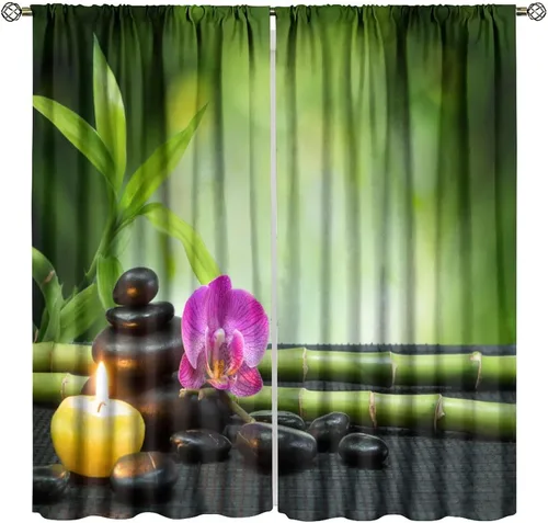 Miniatura 33 de Cortinas con estampado de bambú verde natural, plantas asiáticas, japonesas, tallos rústicos, hojas, cortina de selva con bolsillo para cortinero
