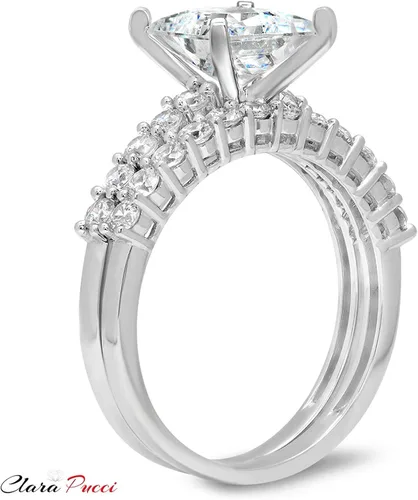 Miniatura 4 de Juego de anillos de compromiso de 2,66 quilates de corte princesa con moissanita auténtica y diamantes de imitación, de oro blanco sólido de 14
