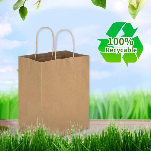 Miniatura 4 de Toovip Paquete de 100 bolsas de papel kraft de 8 x 4.75 x 10 pulgadas, medianas de color marrón liso con asas, a granel, bolsas de envoltura