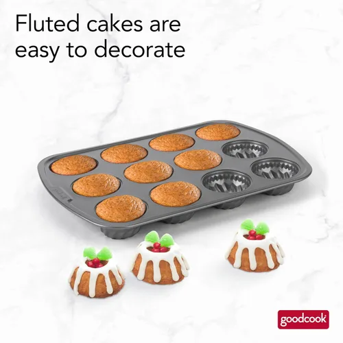 Miniatura 2 de GoodCook Mini molde estriado diario para tartas de construcción de acero antiadherente, hace 12 mini pasteles flautados, color gris