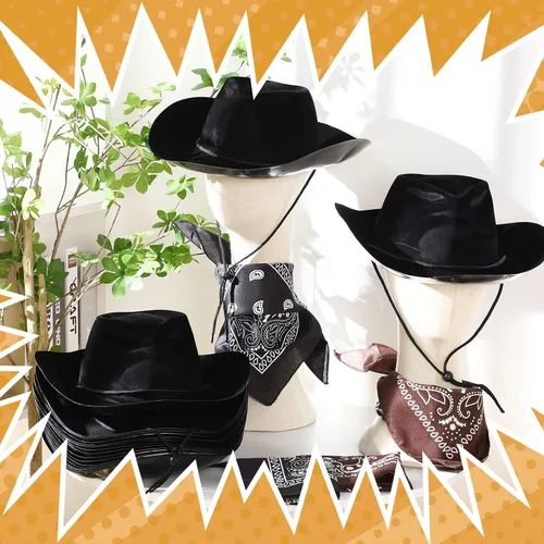 Miniatura 4 de Hillban Paquete de 48 sombreros de vaquero y bandanas, sombreros de vaquero de plástico de fieltro para mujeres y hombres, suministros de fiesta