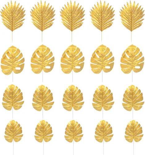 BESTOYARD 20 piezas de plantas artificiales hojas de palma de plástico dorado tropicales hojas decoraciones de boda imitación hoja de tortuga dorada