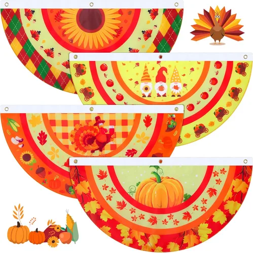 Breling 4 banderas de Acción de Gracias para exteriores de 3 x 1.5 pies, con diseño de calabaza, pavo, otoño, plisada, para colgar en el patio, con