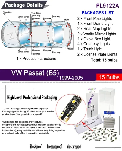 Miniatura 2 de Repuesto PL9122A para Volkswagen Passat B5 1999-2005 Kit de luces LED para interiores, 6000 K bombillas LED blancas de cúpula de accesorios