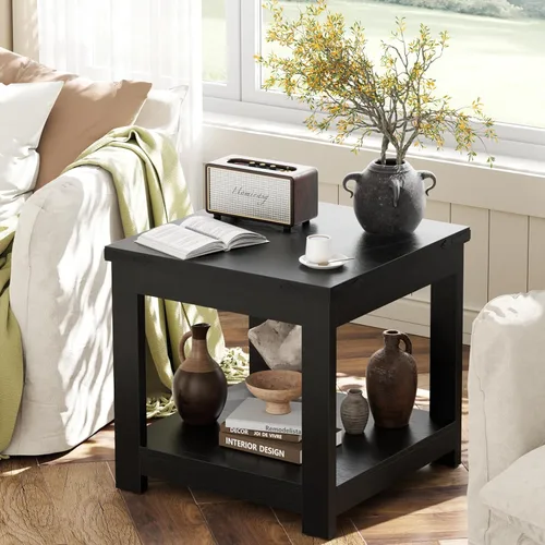 Miniatura 5 de Homieasy Mesa auxiliar negra, mesa auxiliar cuadrada de 20 x 20 pulgadas para sala de estar, mesa decorativa grande de madera con estante