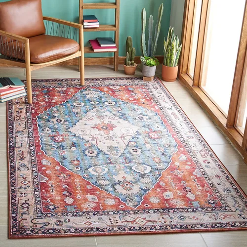 Miniatura 10 de SAFAVIEH Alfombra lavable Tucson Collection - 2 pies 6 pulgadas x 4 pies, beige y azul, antideslizante y fácil de limpiar, ideal para sala de estar