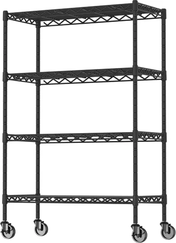 Soywey Estantería de almacenamiento ajustable de 4 estantes en 4 ruedas, organizador de metal para lavandería, baño, cocina, despensa, armario, negro