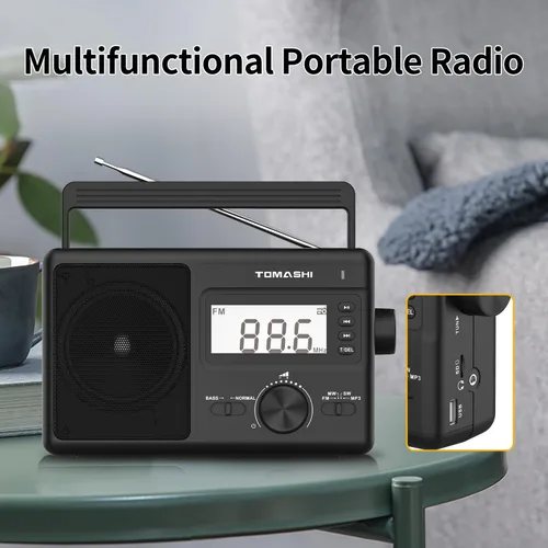 Miniatura 4 de TOMASHI Radio portátil AM/FM/SW de 3 bandas, radio AM FM con reloj, funciona con pilas, Micro SD/USB para reproducción de MP3/WMA, pantalla LCD