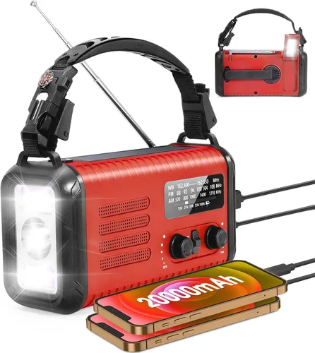 Miniatura 9 de Radio de emergencia NOAA de alerta meteorológica con energía solar y manivela de mano USB-C carga portátil radio AM/FM 3W, lámpara de lectura