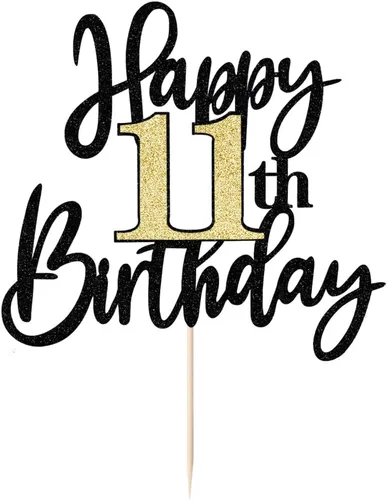 Miniatura 3 de Decoración para tartas de cumpleaños número 11 con purpurina negra y dorada, decoración de pastel de cumpleaños de 11 años y fabuloso cumpleaños