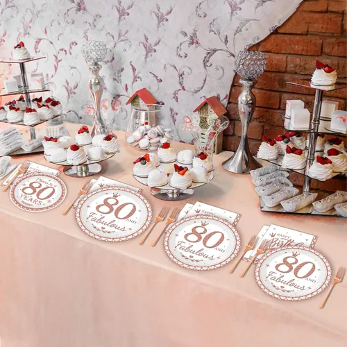 Miniatura 5 de Decoraciones de cumpleaños número 80 para mujeres, platos y servilletas de cumpleaños 80, suministros de fiesta de oro rosa, suministros de fiesta