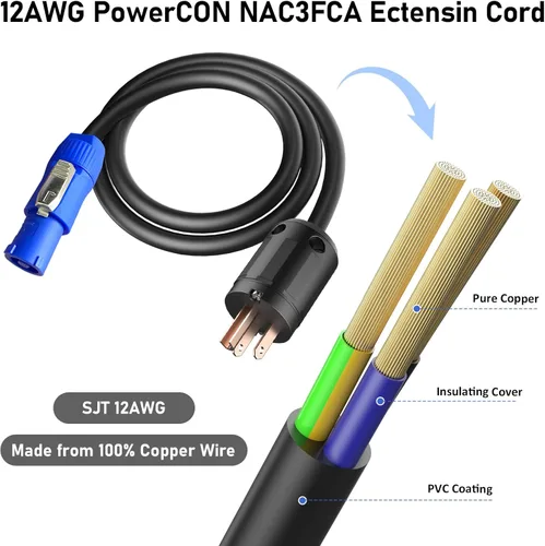 Miniatura 5 de Cable PowerCON de 12 AWG, conector NEMA 5-15p a PowerCON, cable de alimentación de CA PowerCON de 3 pines, entrada PowerCon, conector macho, cable