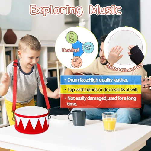 Miniatura 4 de Juego de batería para niños, juego de batería de juguete de madera de 8 pulgadas, juguetes musicales educativos para bebés con correa ajustable, 2