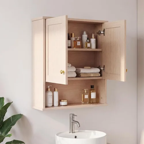 Miniatura 8 de Armario de pared de baño sobre el inodoro, armario de almacenamiento de 2 puertas montado en la pared, botiquín de madera con estantes ajustables