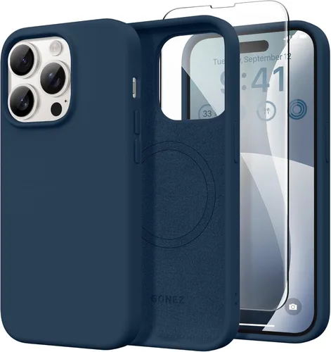 GONEZ Funda de silicona para iPhone 14 Pro Max, compatible con MagSafe, con protector de pantalla + protector de lente de cámara, silicona líquida a