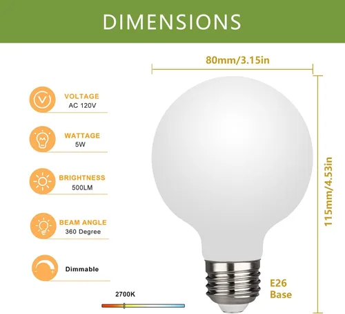 Miniatura 2 de Paquete de 2 bombillas LED globo G30 (G95), bombillas LED Edison regulables de 5.5W equivalentes a 50 vatios, blanco cálido 2700K, 500LM, base E26
