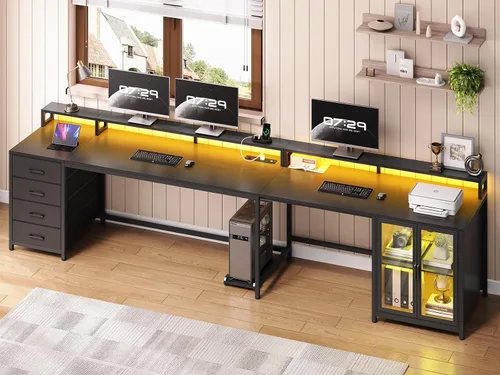 Miniatura 2 de SEDETA Escritorio para juegos en forma de L con 4 cajones, escritorio para computadora de 109 pulgadas con vitrina, escritorios de oficina en casa