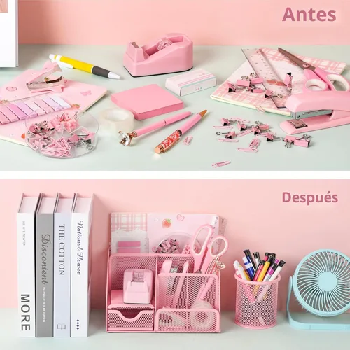 Miniatura 6 de Fayoo Juego de 11 piezas de suministros de oficina rosa, kit de accesorios organizador de escritorio de malla que incluye grapadora, dispensador