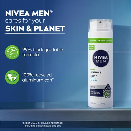 Miniatura 10 de NIVEA MEN Gel de afeitado sensible con vitamina E, extractos calmantes de manzanilla y hamamelis, paquete de 3 latas de 7 onzas