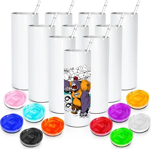 Miniatura 8 de AGH Paquete de 10 Tazas de Sublimación en Blanco de 20 OZ Rectas Delgadas con Pajita, Taza de Acero Inoxidable con Aislamiento de Doble Capa, A-38P
