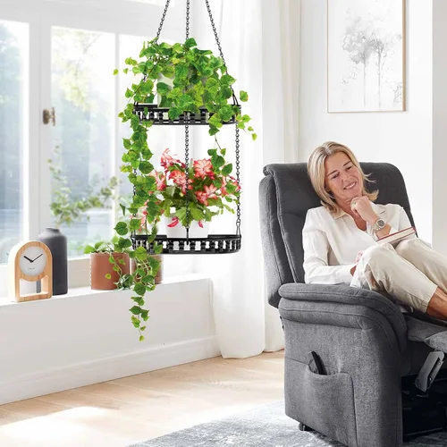 Miniatura 6 de Soporte para plantas colgantes para interior y exterior, estante para plantas colgantes de 2 niveles, soporte para plantas colgantes de metal