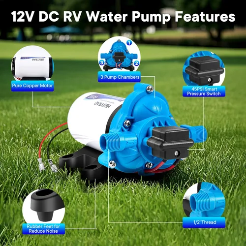 Miniatura 3 de Heuyrao Bomba de agua para caravana de 12 V CC, silenciosa, 4.0 GPM 45 PSI, diafragma autocebante de 3 cámaras, bomba de presión de agua dulce