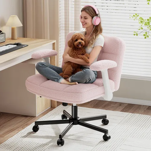 Miniatura 11 de DurayLoly Silla Criss Cross con Ruedas, Silla de Oficina con Reposabrazos Levadizos, Silla de Tocador para Dormitorio, Oficina en Casa, Apartamento