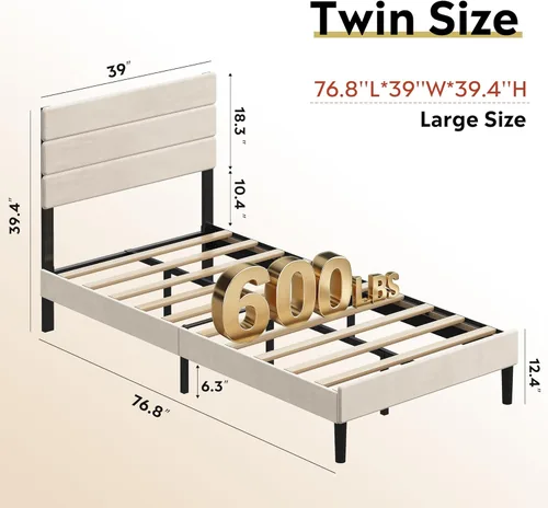 Miniatura 2 de WLIVE Base de cama tapizada, marcos de cama individual con cabecero, cama de plataforma con listones de madera, base de colchón de 600 libras,