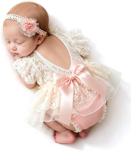 ForBaysy Accesorios de Fotografía para Recién Nacidos Conjunto de Niña Mameluco de Encaje a Juego con Linda Diadema de Flores Vestido para Recién