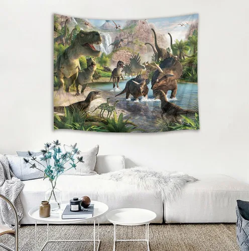 Miniatura 2 de HVEST Tapiz de dinosaurio salvaje y antiguo depredador para colgar en la pared, bosque tropical con árboles verdes y montañas, tapices de pared