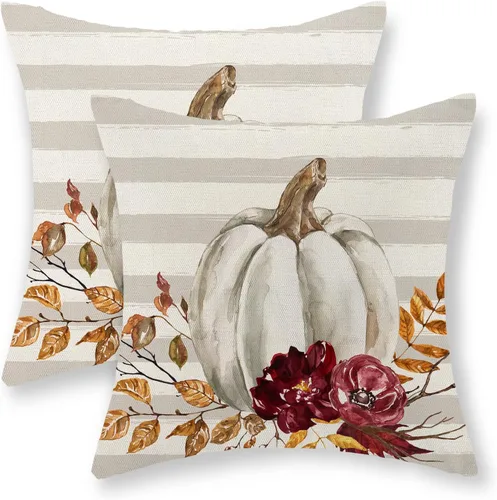 Miniatura 13 de Juego de 2 fundas de almohada de otoño de 16 x 16 pulgadas, diseño de calabaza y hoja de arce, fundas de almohada decorativas de lino para otoño
