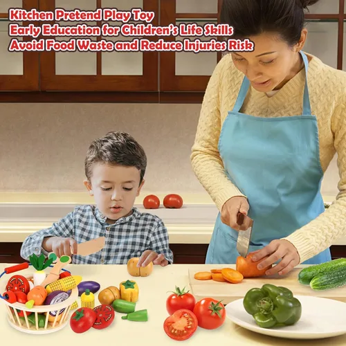 Miniatura 2 de Juguetes vegetales de madera para niños, juego de comida de juego de simulación para niños, juguete de cocina de corte magnético con canasta
