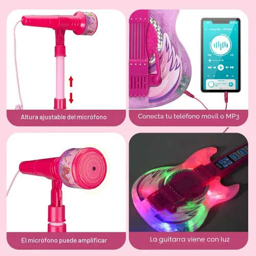 Miniatura 4 de TAKIHON Juego de guitarra y micrófono para niños, juguetes de guitarra con música y luz colorida, micrófono de altura ajustable con soporte