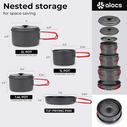 Miniatura 4 de Alocs Camping Cookware Set Camping Gear, Compact Camping Pots and Pans Set, Durable Hard Alumina Camping Cooking Set for Outdoor Backpacking Camping