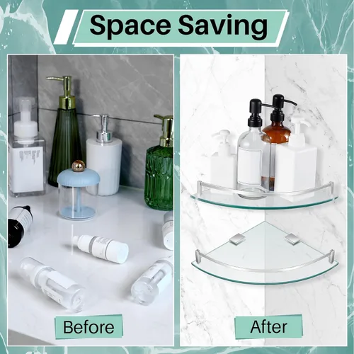 Miniatura 3 de Gejoy Paquete de 2 estantes esquineros de cristal, estantes esquineros de baño montados en la pared con vidrio templado y soportes inoxidables